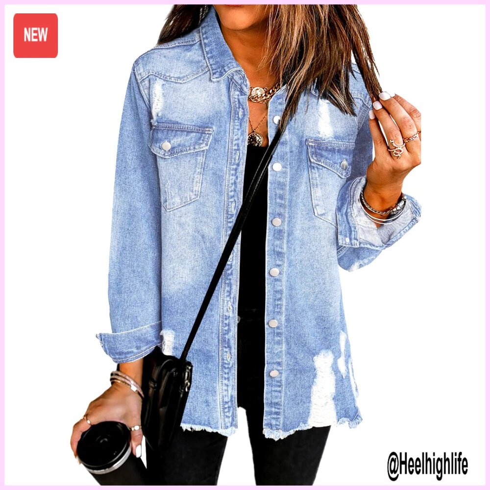 Oversized Denim Jacket Long Sleeve Distressed Loose Fit Button Closure